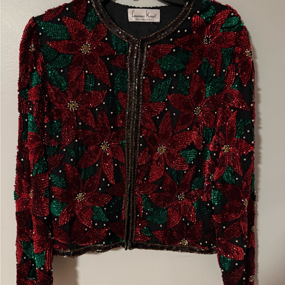 VTG 90’s Laurence Kazar Sequin Cropped Holiday Poinsettia Cardigan Jacket Sz S/M
